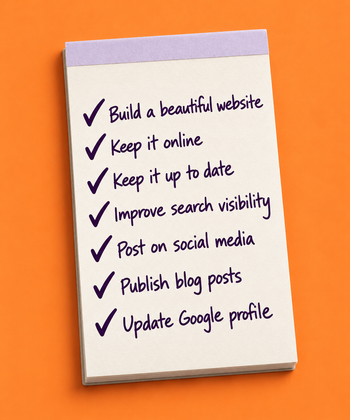 A handwritten desk to-do notepad with every task confidently checked off.